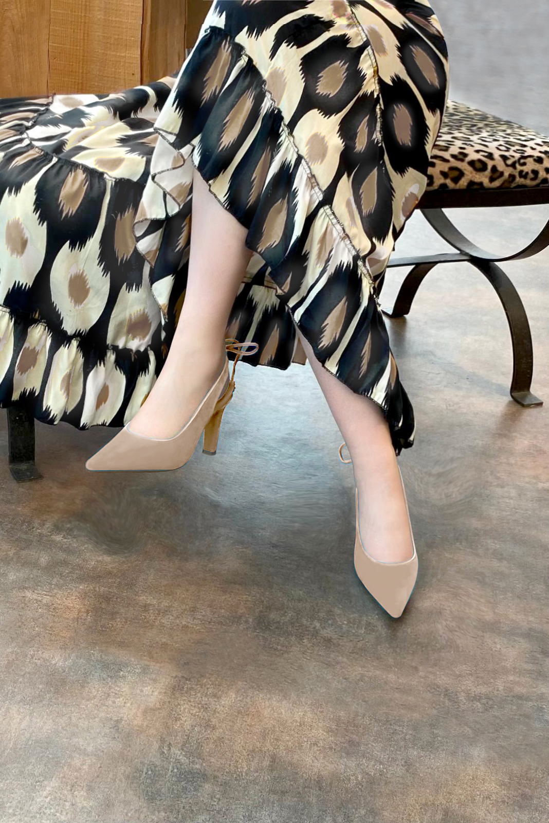 Tan beige women's slingback shoes. Pointed toe. High slim heel. Worn view - Florence KOOIJMAN